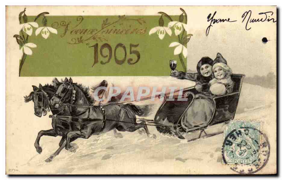 Paseo en trineo con dos niños — Felicitaciones 1905 — editor no visible