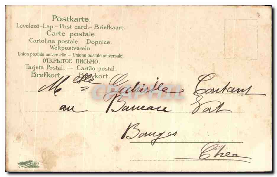 Paseo en trineo con dos niños — Felicitaciones 1905 — editor no visible — Reverso