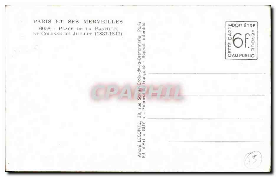 CPA Paris Place de la Bastille et colonn e de Juillet  — Verso