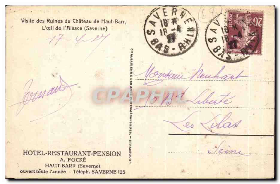 CPA Saverne Le Haut Barr La Chapelle — Rückseite