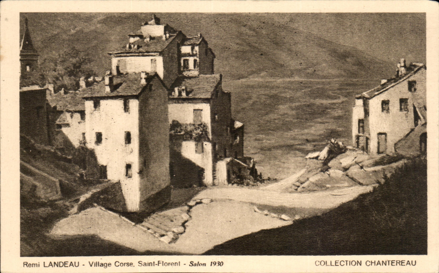 Village Corse, Saint-Florent — dessin de Remi Landeau — Collection Chantereau 1930