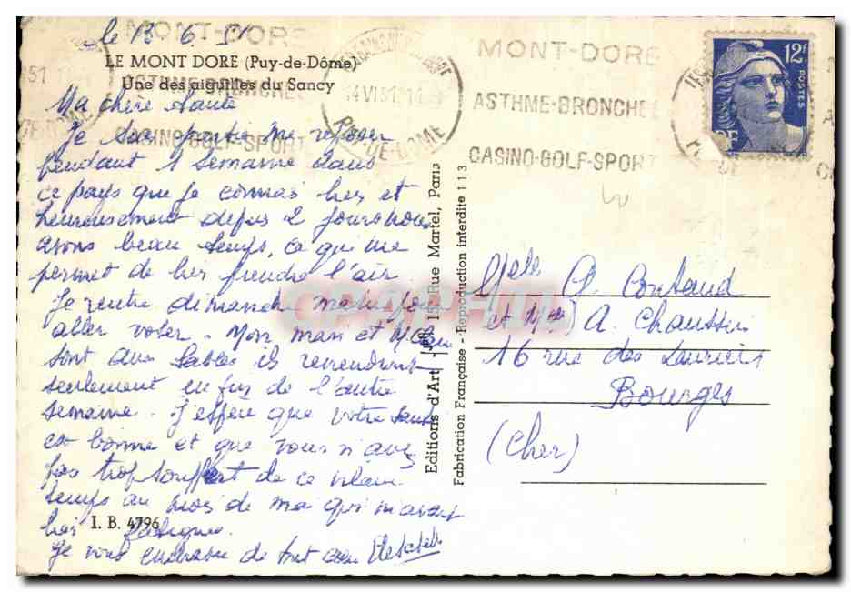 El Mont-Dore (Puy-de-Dôme) — Una de las agujas del Sancy — Editions d'Art — Reverso