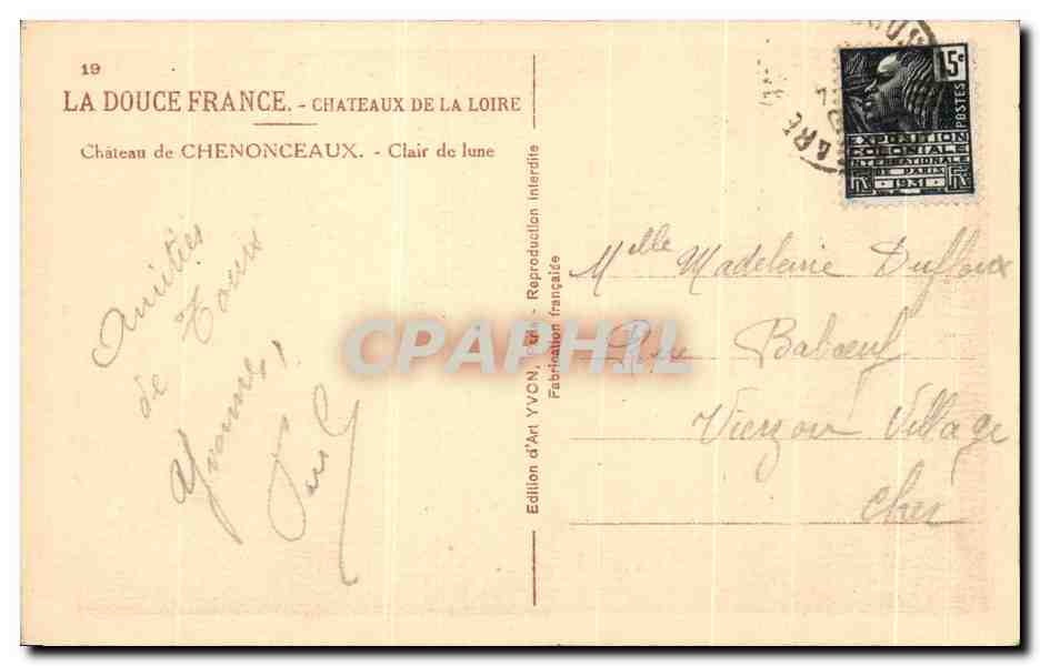 CPA Chenonceaux Clair de Lune — Rückseite