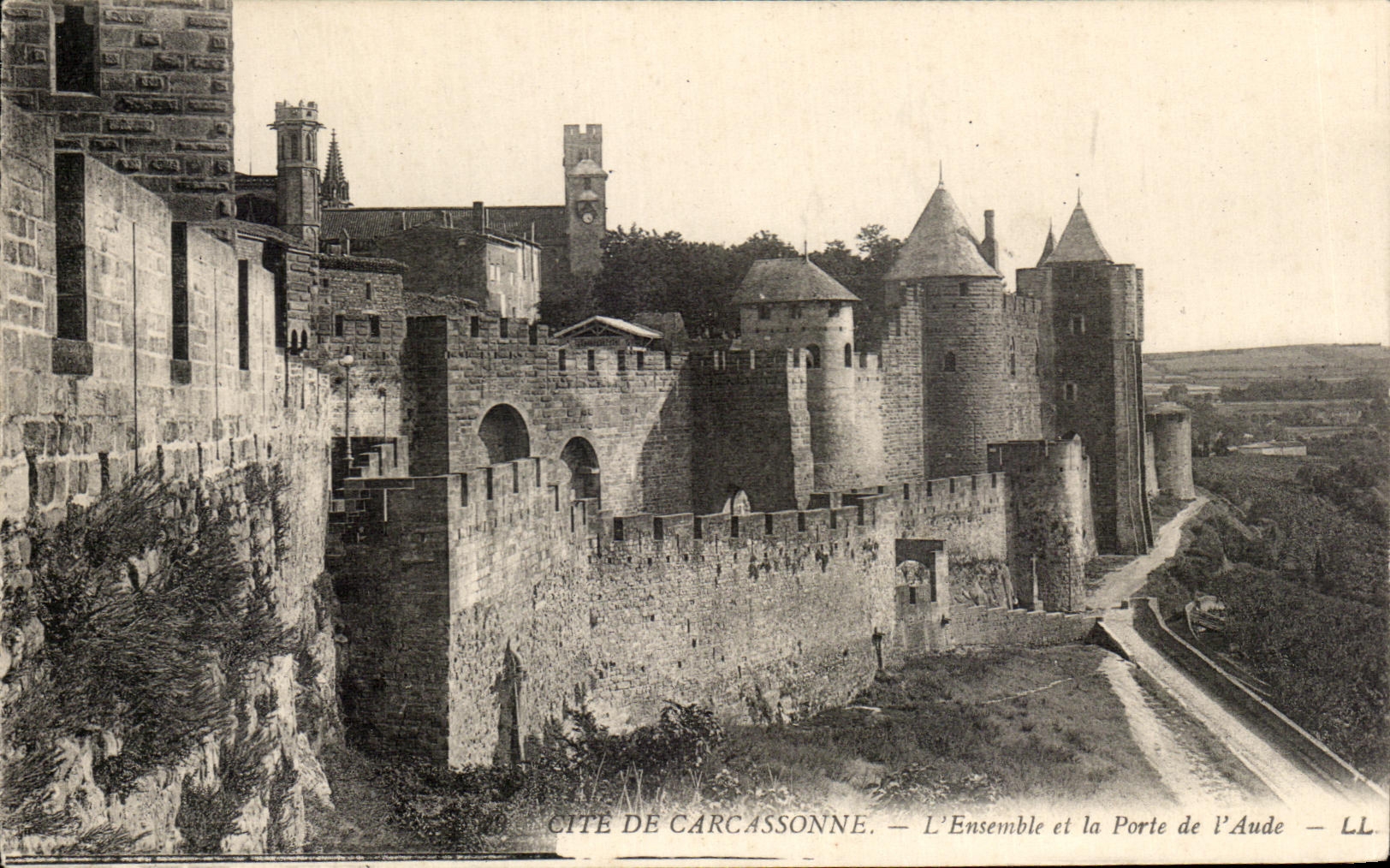 CPA Cite De Carcassonne L'Ensemble et la Porte de l'Aude