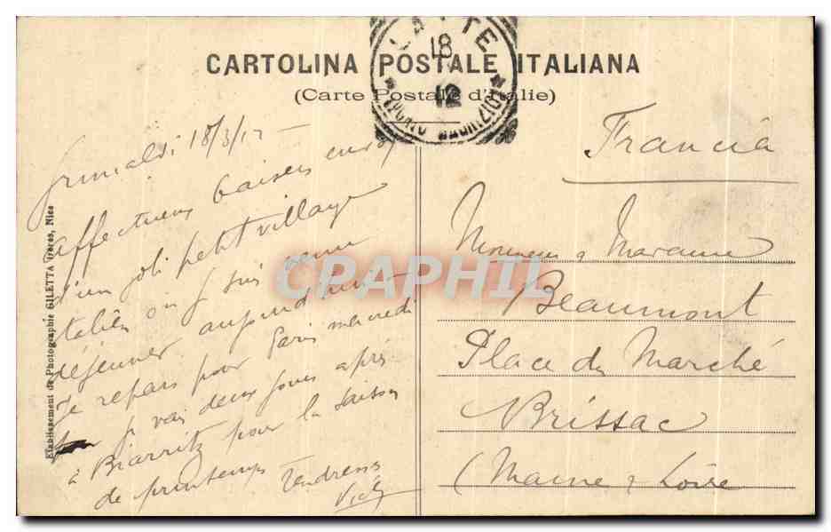 CPA Ventimiglia Grimaldi Hotel Ristorante Garibaldi Claudina  — Rückseite