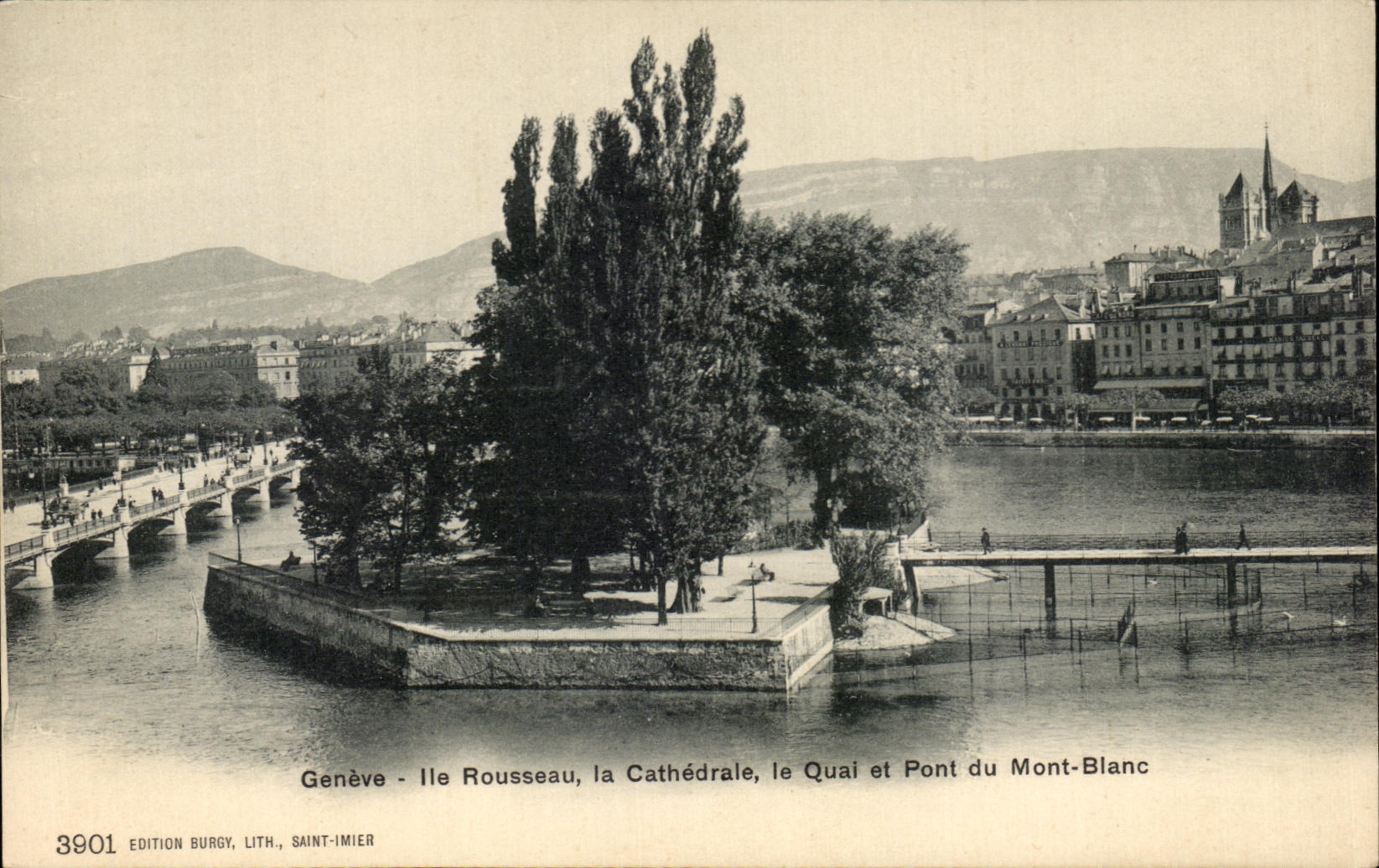 CPA Geneve lle Rousseau La Cathedrale le Quai et pont du mont Blanc