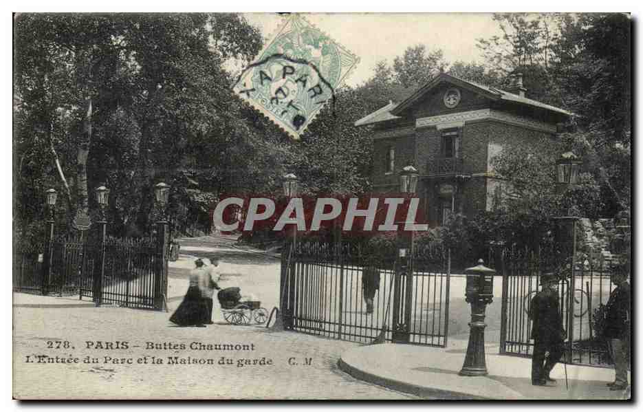 CPA Paris Buttes Chaumont L'Entree du Parc et la Maison du garde