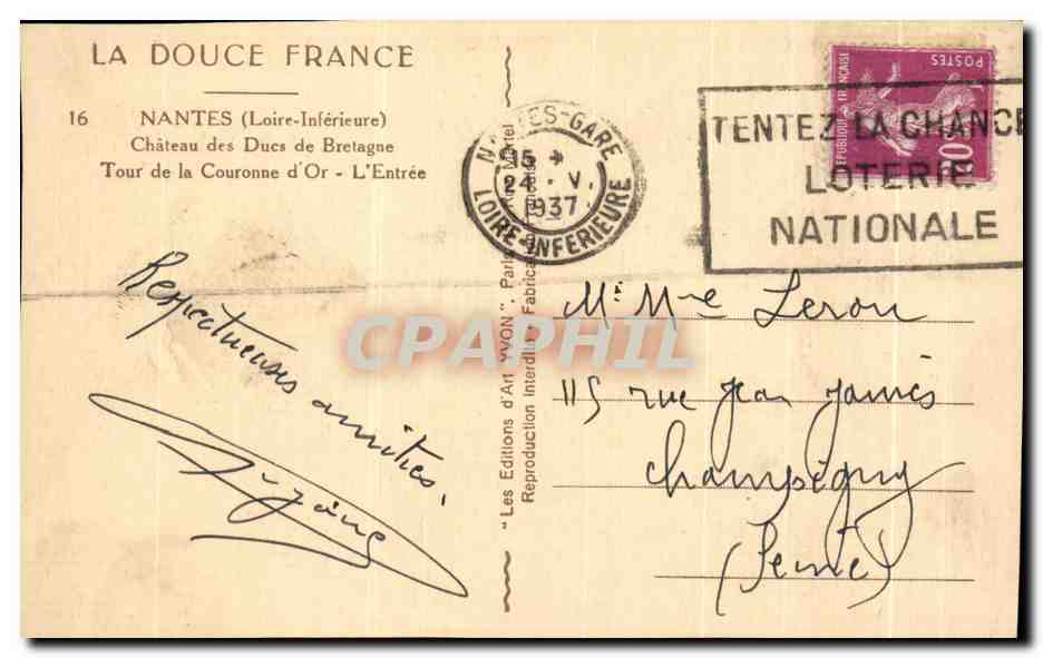 CPA La Douce France Nantes Chateau des Dues de Bretagne Tour de la Couronne d'Or L'Entree — Rückseite