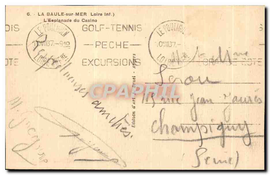CPA La Baule sur Mer Loire Inf L'Espianade du Casino — Back