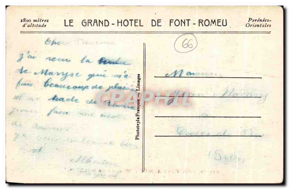 CPA Font Romeu Le Grand Hotel — Rückseite