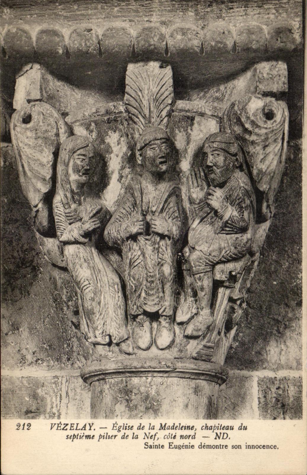 Vézelay — Église de la Madeleine, chapiteau du septième pilier de la Nef, côté nord — Sainte Eugénie démontre son innocence
