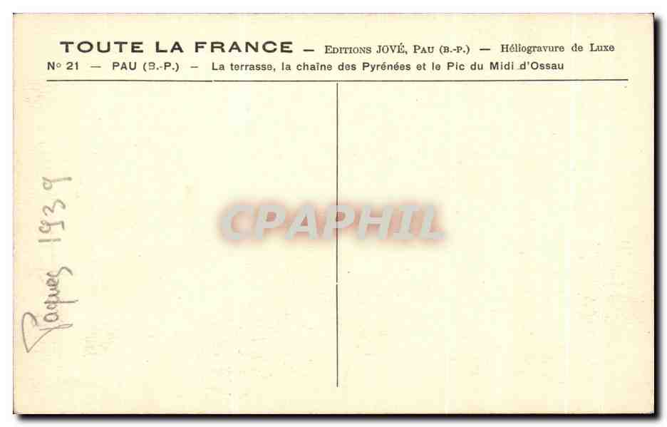 Pau (B.P.) — La terrasse, la chaîne des Pyrénées et le Pic du Midi d'Ossau — Éditions JOVÉ — Verso