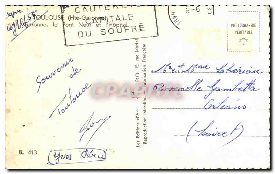CPA Toulouse La Garonne Le Pont neuf et l'hopital — Verso