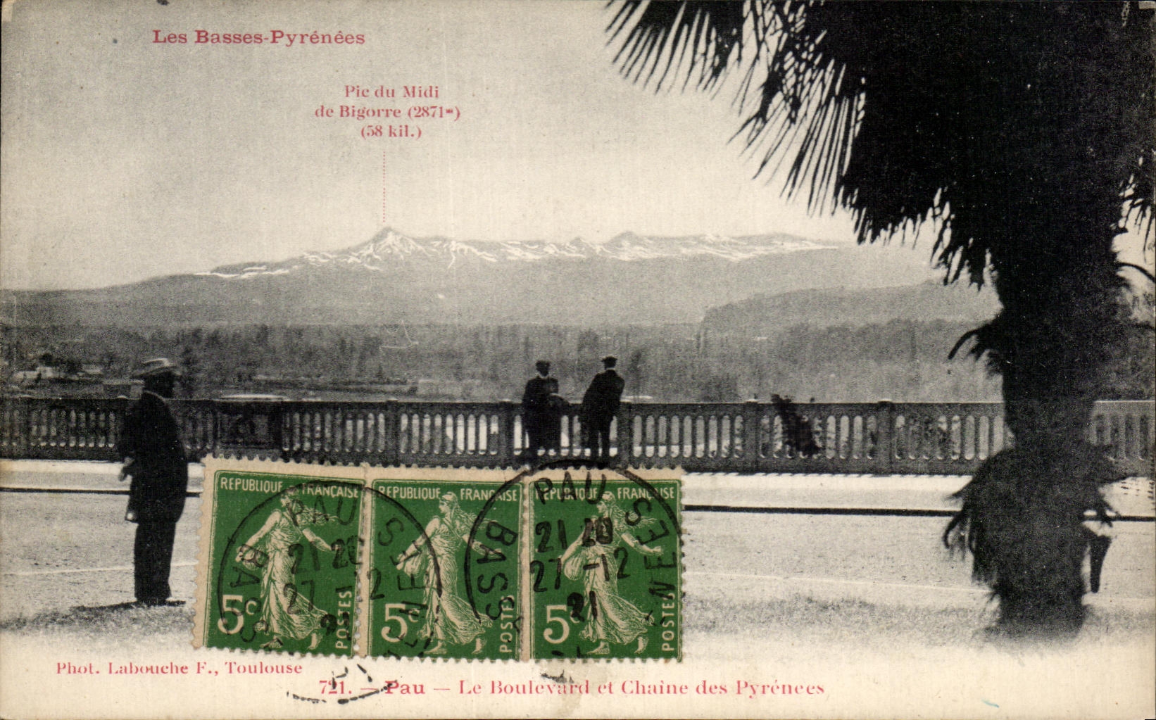 Les Basses-Pyrénées — Vue du Pic du Midi de Bigorre (2871 m) depuis le Boulevard — Phot. Labouche F., Toulouse — n° 721