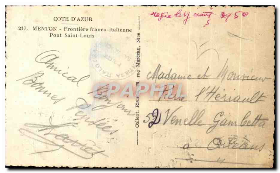 CPA Cote D'Azur Menton Frontiere Franco Italienne Pont Saint Louis — Rückseite