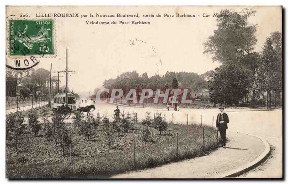 Lille-Roubaix par le Nouveau Boulevard, sortie du Parc Barbieux — Vélodrome du Parc Barbieux — Car Manney — n° 506