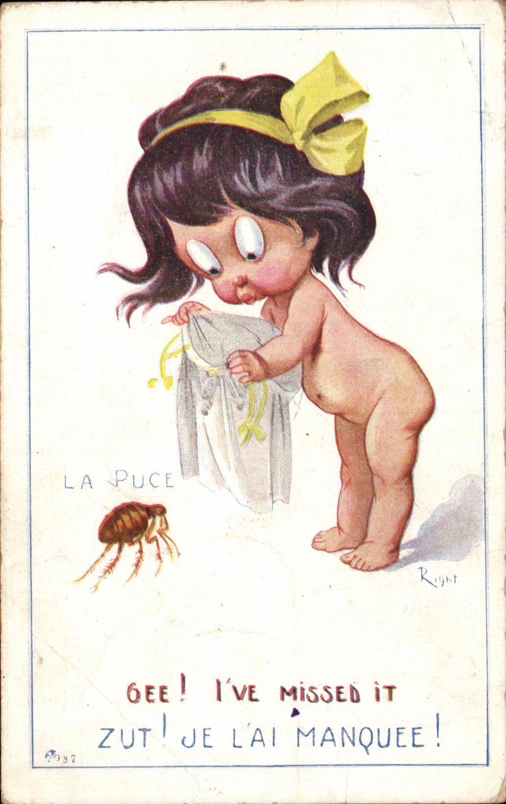 Petite fille surprise par une puce — illustration humoristique — éditeur R. Right, n° 982