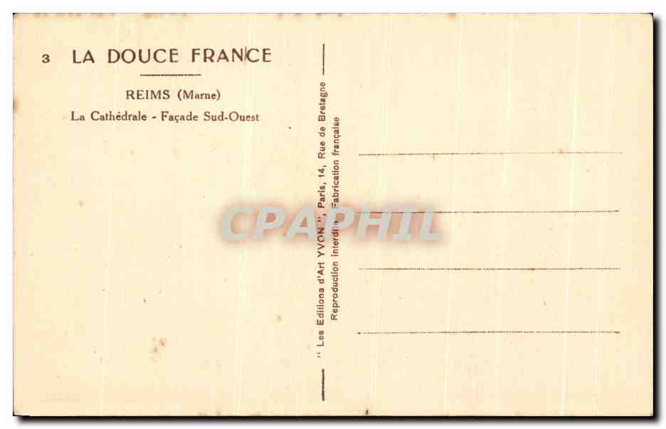 CPA Reims La Cathedrale Facade Sud Ouest — Verso