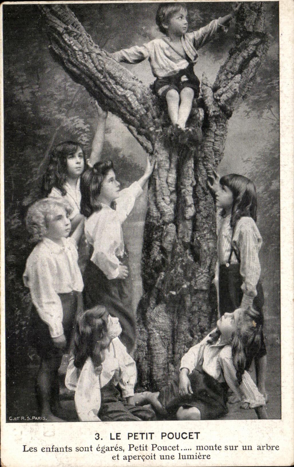 CPA Le Petit Poucet Les enfants sont egares Petit Poucet Monte sur un arbre et apercoit une lumiere Perrault