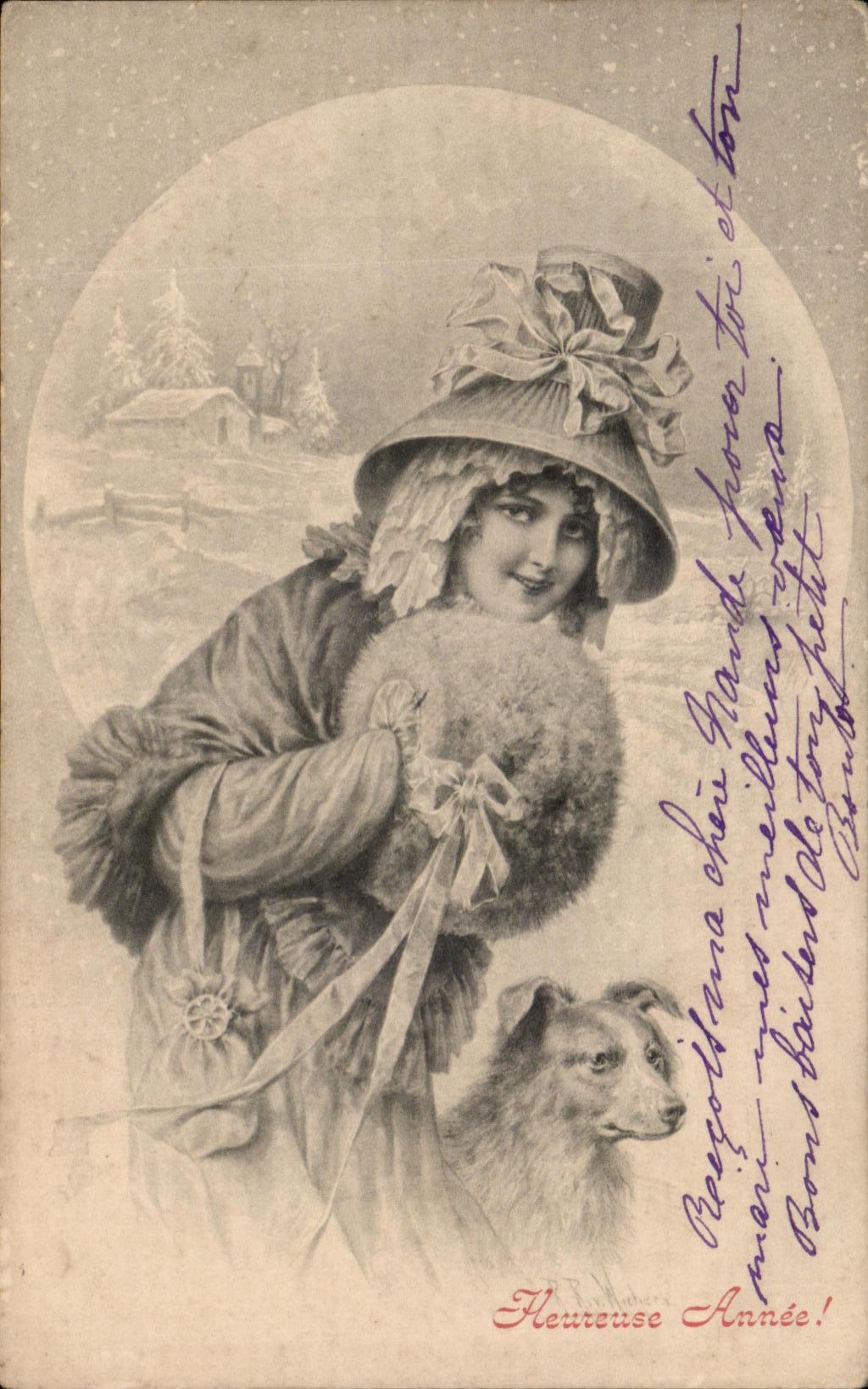 Félicitations pour l'année — femme et chien en hiver — éditeur M. M. Vienne, n° 168