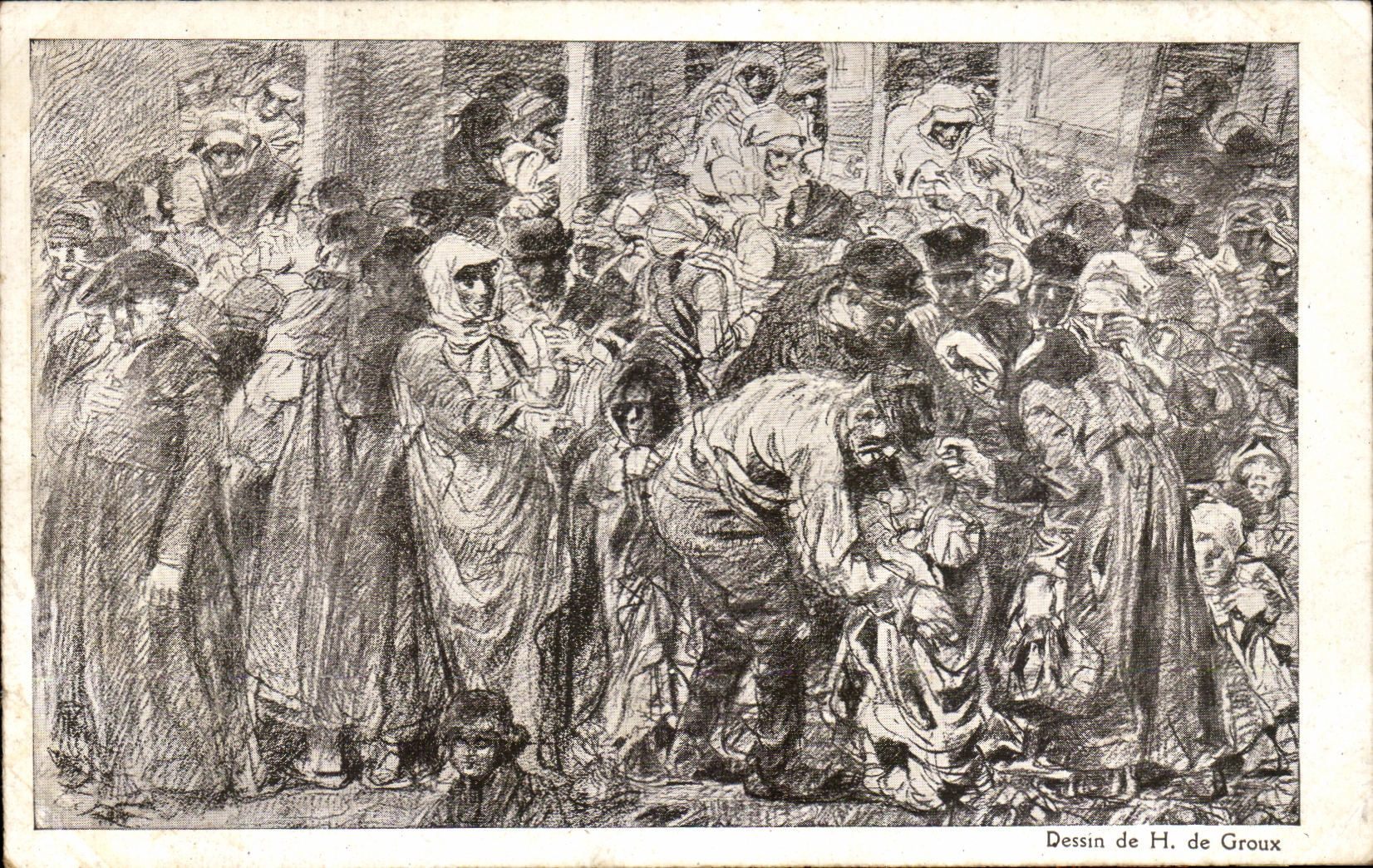 Scène de foule — Dessin de H. de Groux — Édition de la Journée Française du Secours National