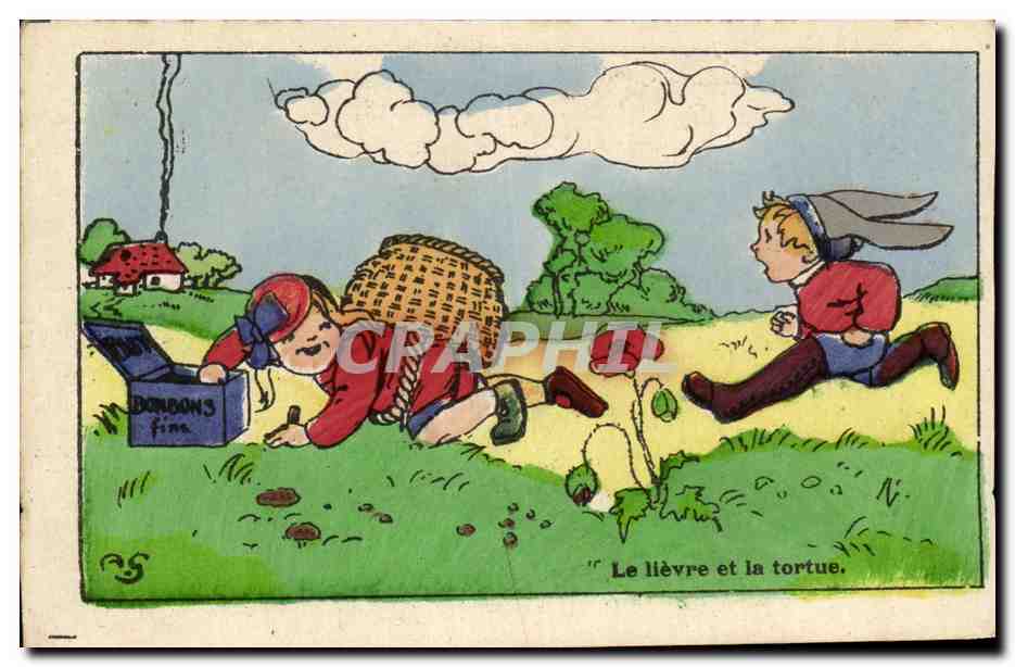 CPA Le llevre et la tortue Enfants