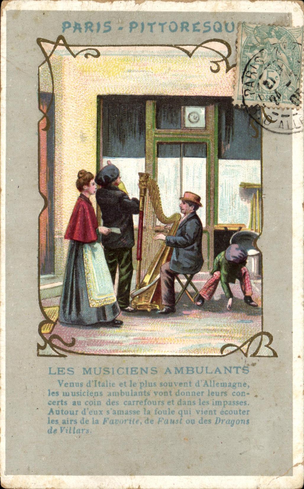 CPA Paris Pittoresque Les Musiciens Ambulants Harpe