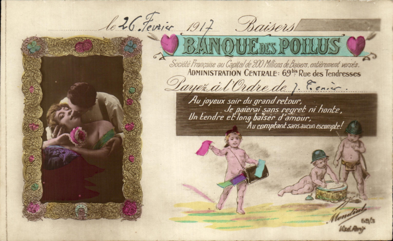 Baisers — Banque des Poilus — Société Française au Capital de 200 Millions de Baisers — éditeur Mondial, n° 69/3