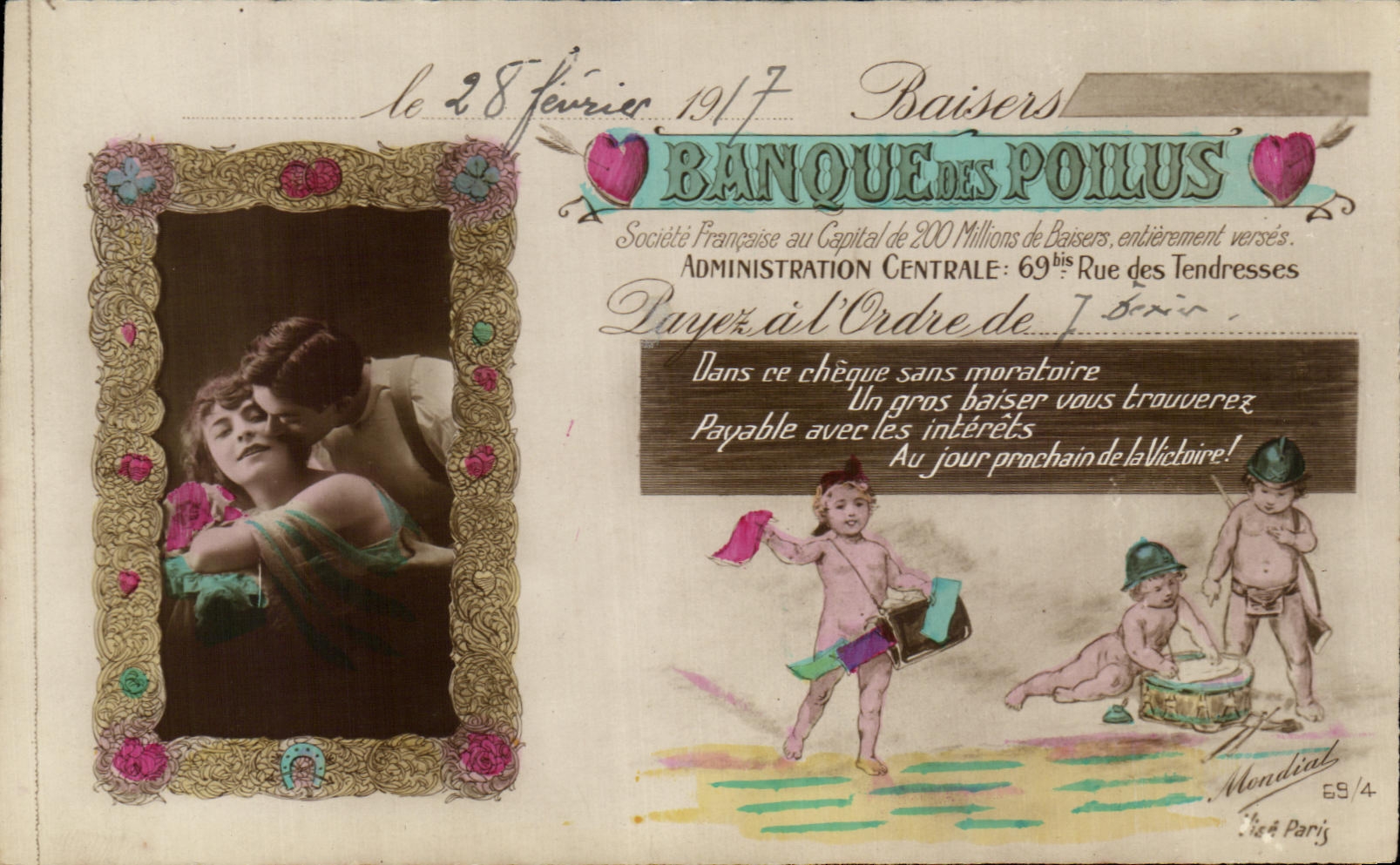 Baisers — Banque des Poilus — Mondial, 69 bis Rue des Tendresses, Paris — n° 69/4