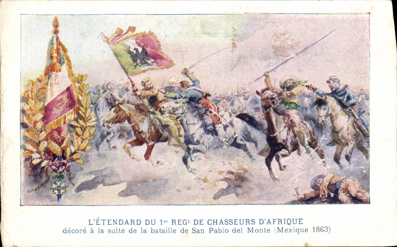 CPA L'etendard du 1er rgt Chasseurs D'afrique decore a la suite de la bataille de San Pablo del Monte Mexique 1863 Milit