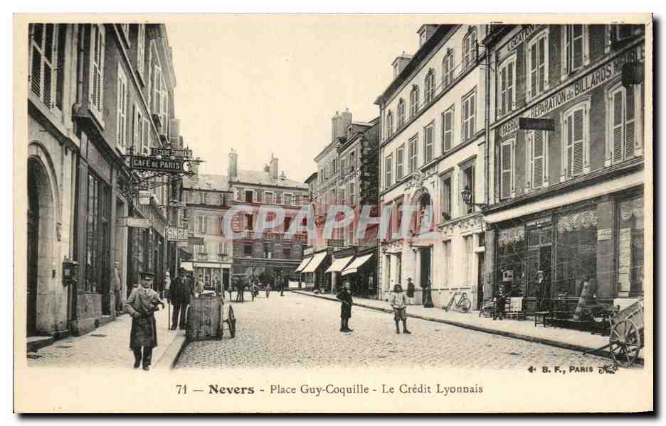 Nevers - Place Guy-Coquille — vue de la rue avec café et magasin de réparation de billards — éditeur B.F. Paris, n°71
