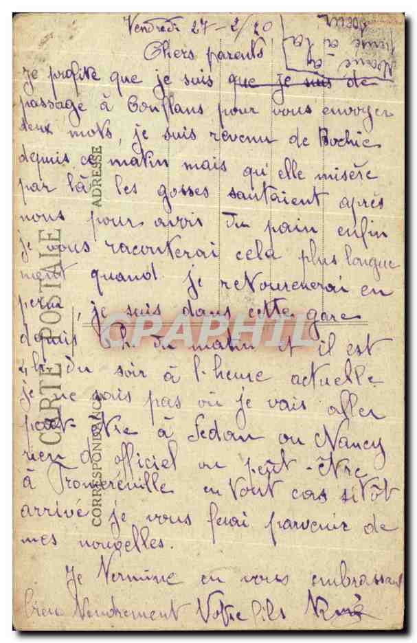 Conflans-Jarny — Rue principale et église incendiée par les Boches le 15 Août 1914 — Cheché Gugnon - Bouvy, Coiffeur-Tabacs, éditeur — Verso