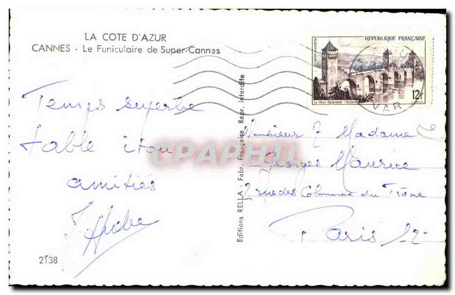 CPA La Cote D'Azur Cannes Le Funiculaire de Super Cannes — Verso