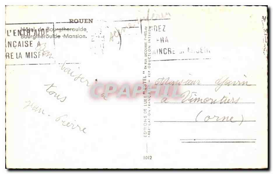 CPA Rouen Hotel de Bourgiheroulde — Verso