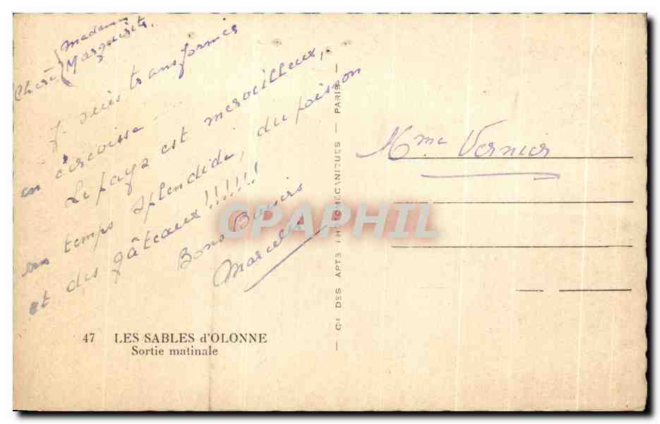 Tarjeta postal antigua Les Sables D'Olonne Salida Matutina Barcos — Reverso