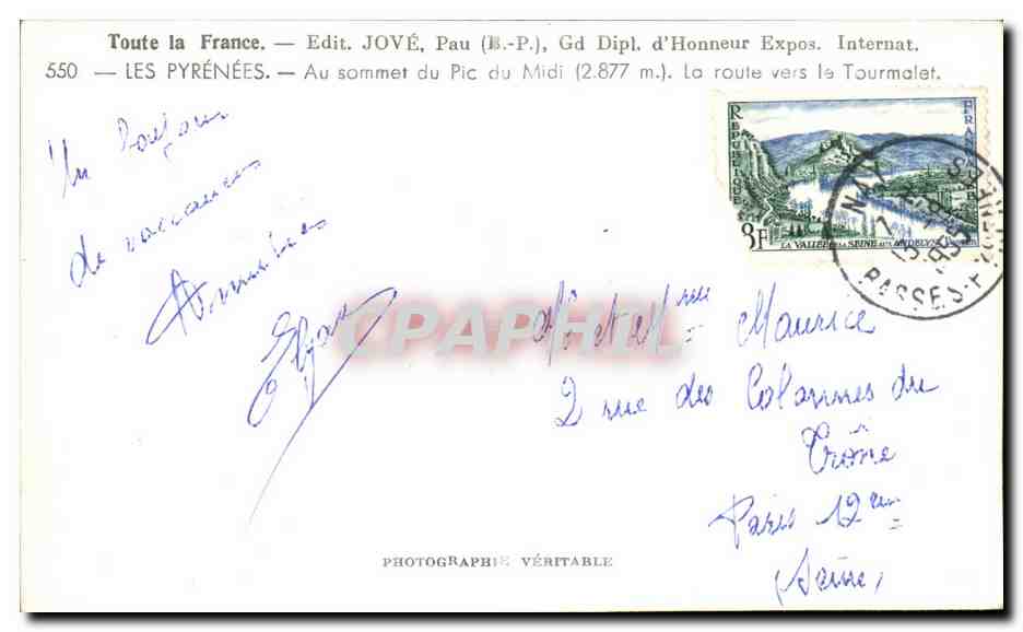 CPA Toute La France Jove Pau D'Honneur Expos Les Pyrenees Au sommet du Pic du Midi — Rückseite