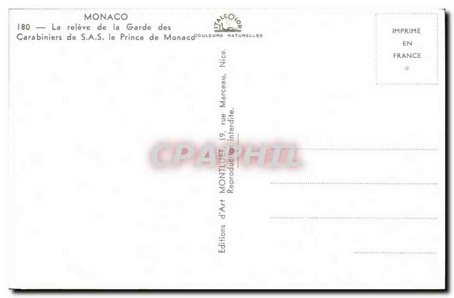 Monaco — La relève de la Garde des Carabiniers de S.A.S. le Prince de Monaco — Éditions d'Art Montluet, Nice — Rückseite