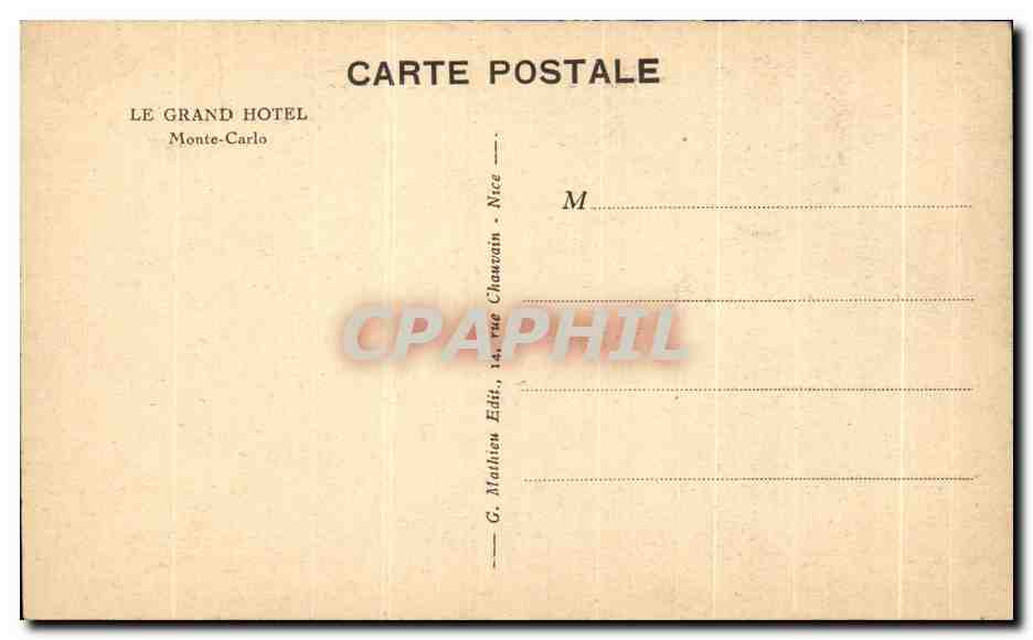 CPA Le Grand Hotel Monte Carlo — Verso