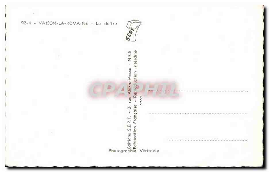 Vaison-la-Romaine — Le cloître — Éditions S.E.P.T. - Nice — Verso