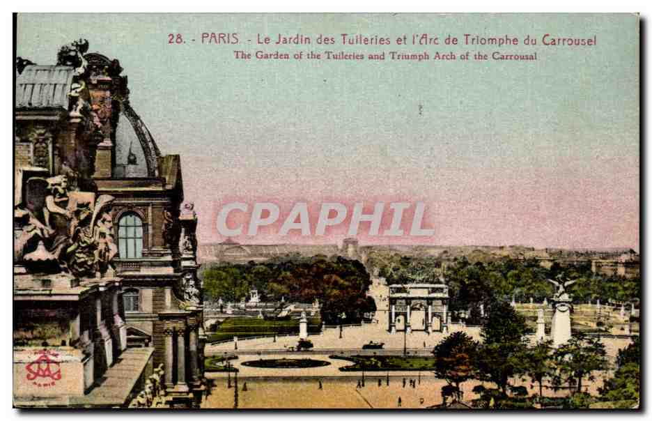CPA Paris Le Jardin des tuileries et L'arc de Triomphe du Carrousel Louvre