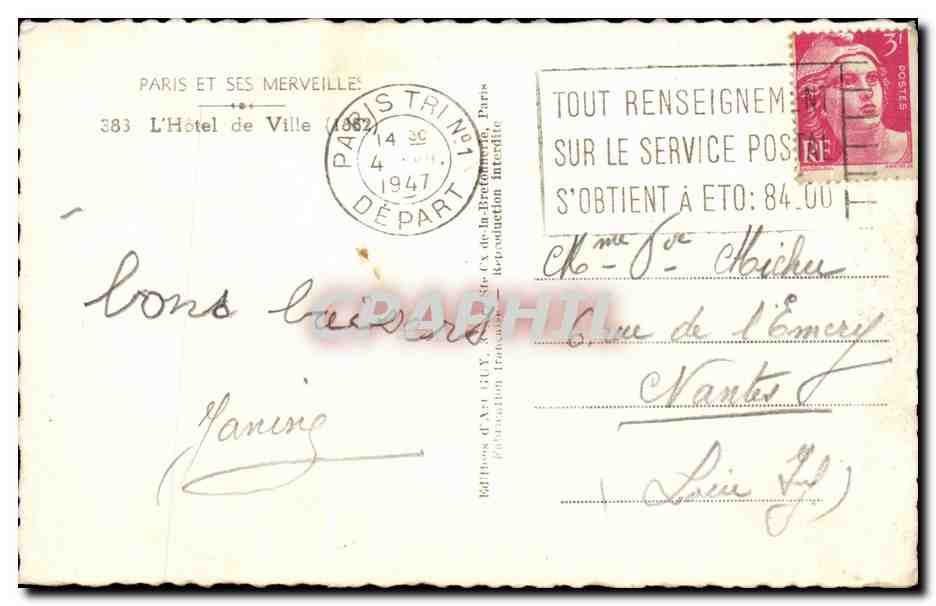 CPA Paris Et Ses Merveilles L'Hotel de Ville — Verso