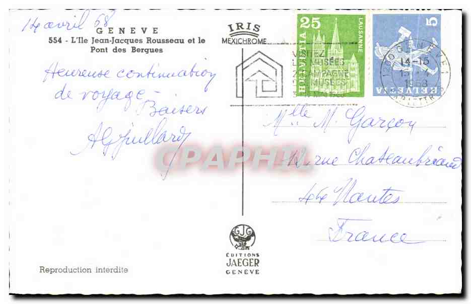 CPA Geneve L'Ile Jean Jacques Rousseau Et Le Pont Des Berques — Rückseite