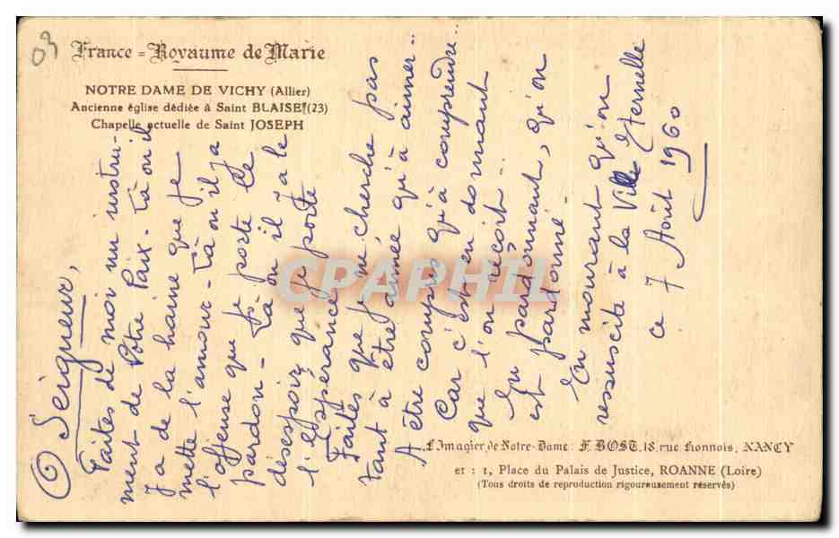 CPA Notre Dame De Vichy Ancienne Eglise Dediee A sAint Blaise Chapelle — Verso