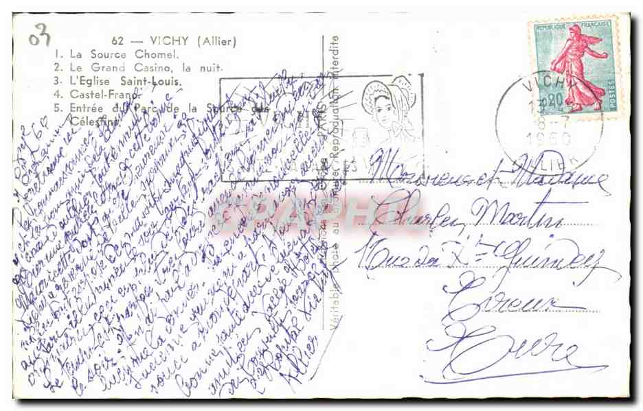 CPA Vichy Source Chomel Grand casino Eglise Saint Louis Parc des Celestins  — Verso