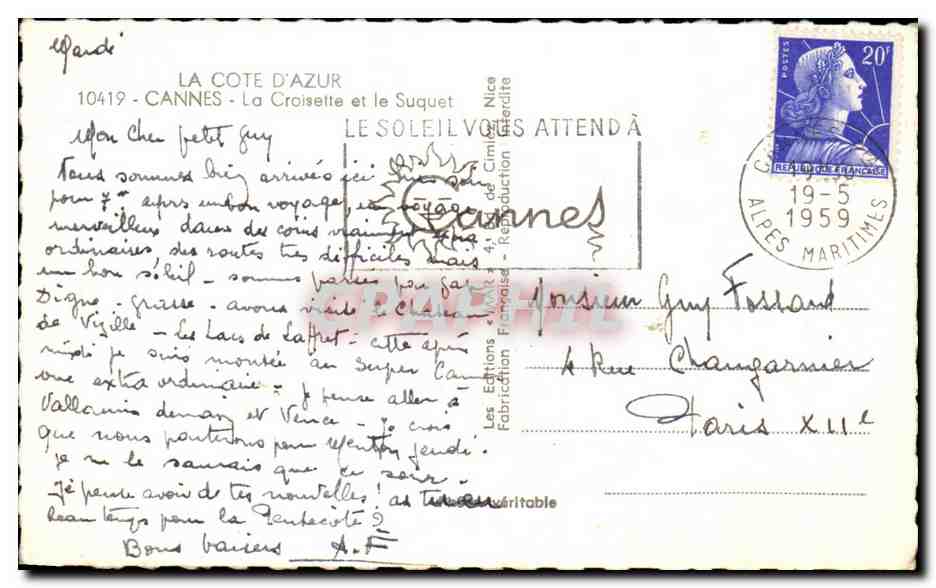 CPA La Cote D'Azur Cannes La Croiselte et le Suquet — Verso