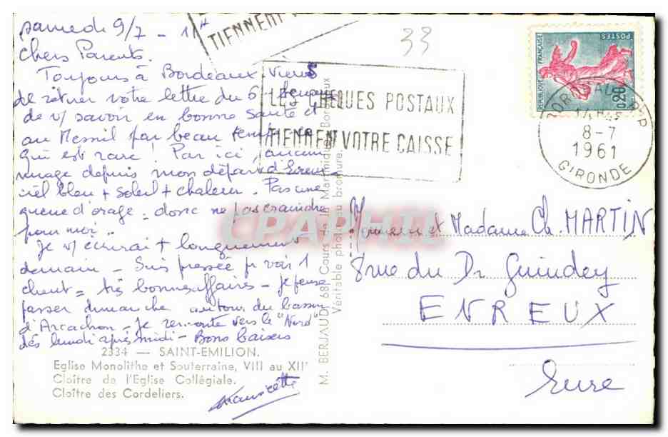 CPA Saint Emilion Eglise Monolithe et Souterraine Cloitre da l'Eglise Collegiale Cloitre des Cordeliers — Rückseite