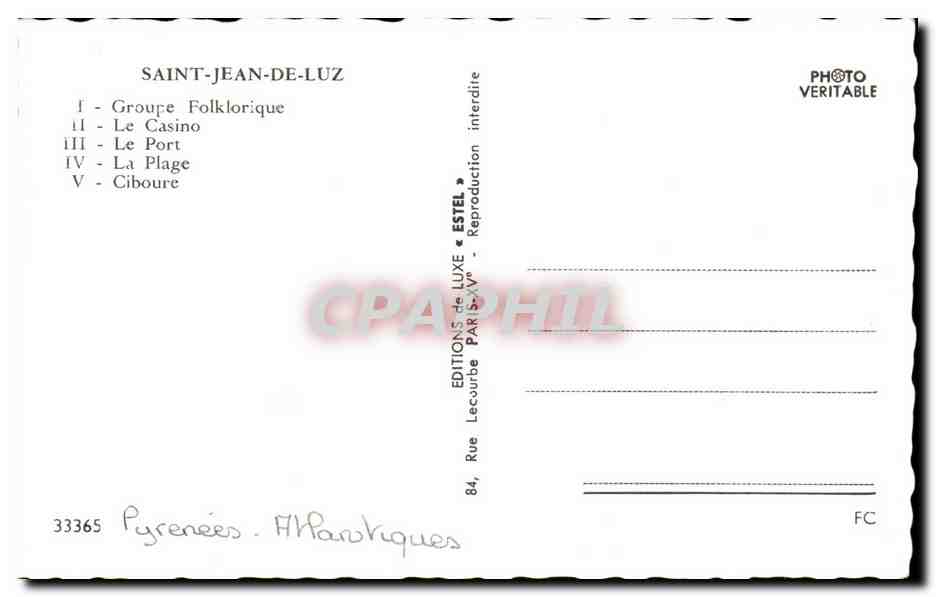 Saint-Jean-de-Luz — Souvenir de CPAPHIL — Éditions Lecourbe — Verso