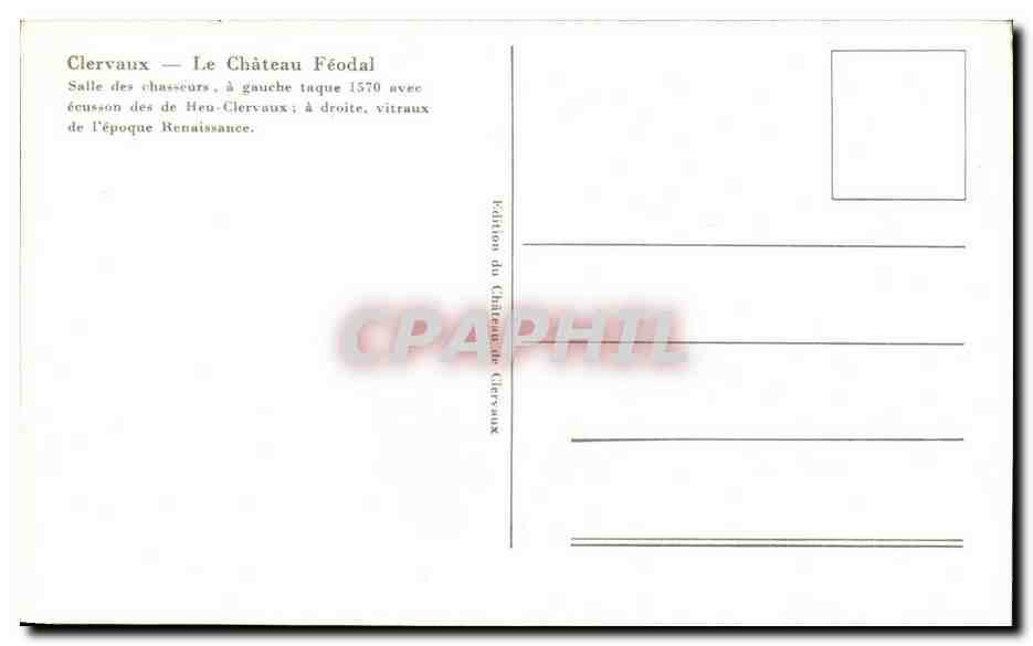 CPA Clervaux Le Chateau Feodal Salle des Chasseurs a gauche taque avee ecusson des de Heu Clervaux a Droite Vitraux de  — Back
