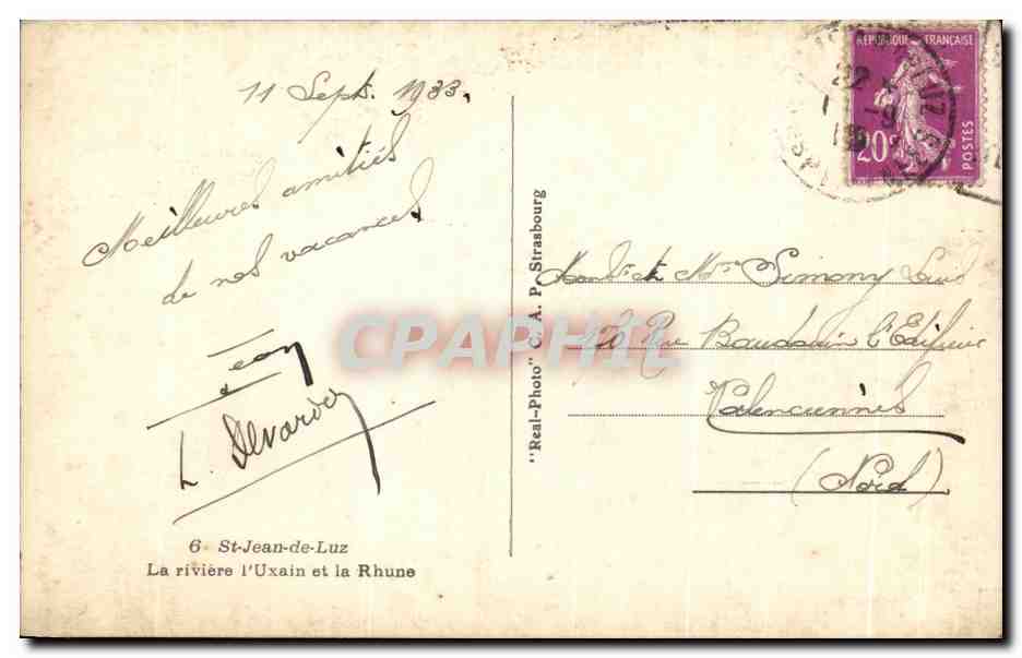 St-Jean-de-Luz — La rivière l'Uxain et la Rhune — éditeur A.P. Strasbourg — Verso