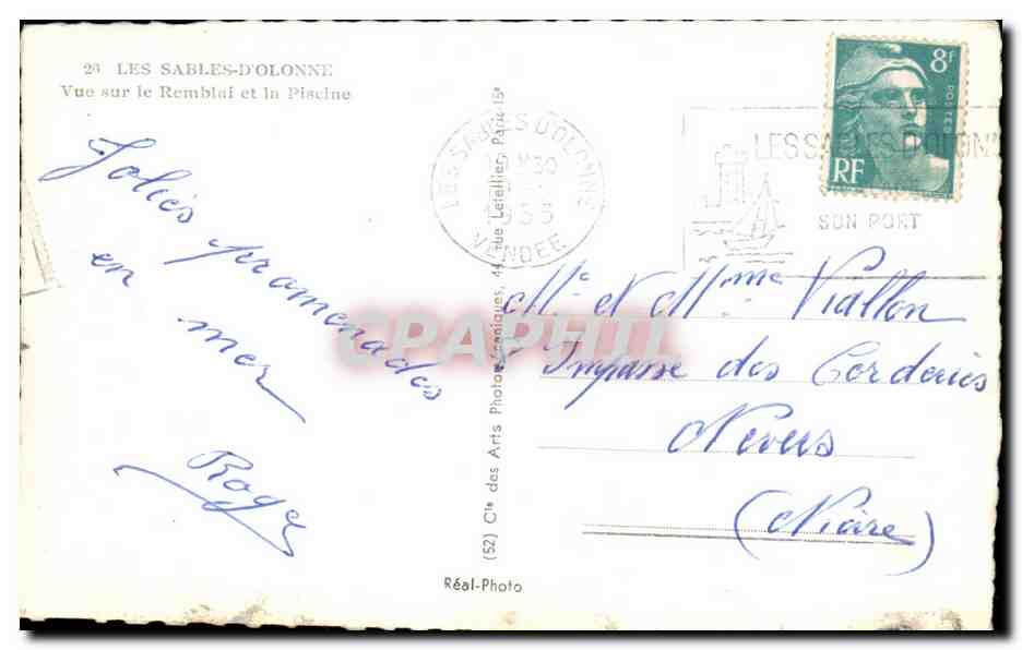 Tarjeta postal antigua Les Sables D'Olonne Vista sobre el Terraplén y la Piscina — Reverso